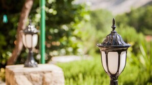 Lampadaires de style jardin, conçus pour l’extérieur, dotés d’un design classique et se fondant dans un décor verdoyant luxuriant.