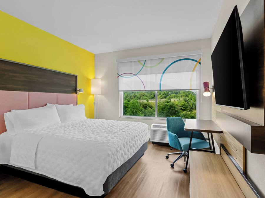 Habitación de hotel con cama, escritorio, silla, televisión y ventana con vista a la vegetación.
