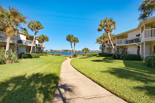 A pathway leading to a beachfront hotel with palm trees and a clear view of the ocean. - Sand Dollar E-101 (Pensacola Beach)