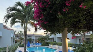 Uma área de piscina com espreguiçadeiras e uma piscina, cercada por vegetação e edifícios.