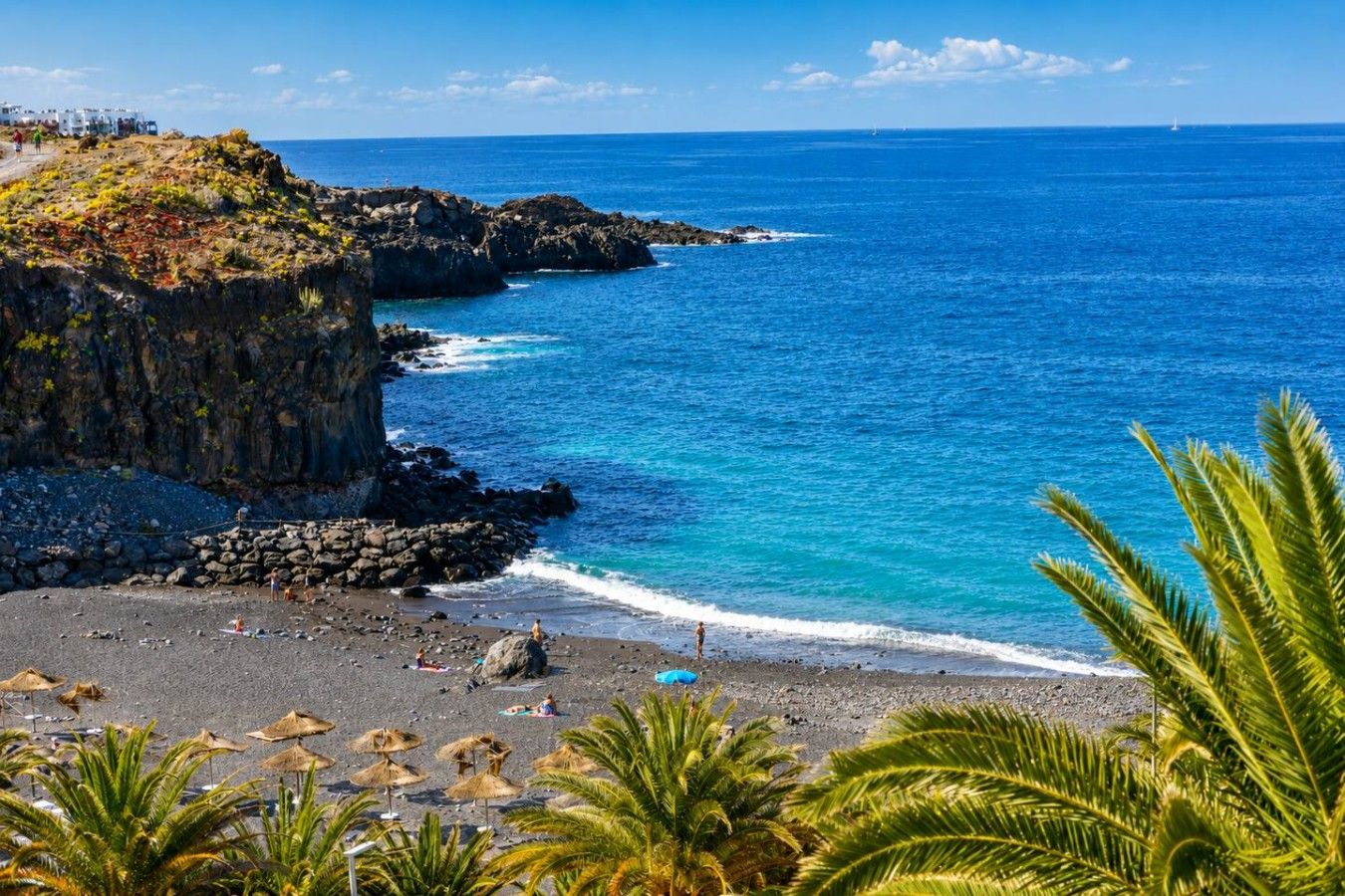A coastal beach with rocky cliffs, clear blue water, and palm trees.
