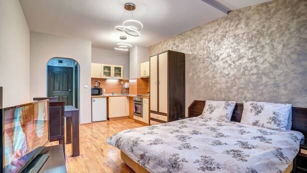 Ein Schlafzimmer mit einem Bett, einem Fernseher, einem Schreibtisch und einer Küchenzeile.