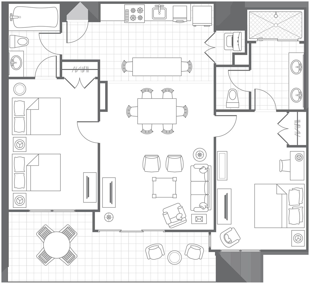 Plànol d'un hotel amb una zona de dinar central, diverses habitacions, cuina i bany.