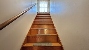 A wooden staircase with a handrail, carpeted steps, and a window at the top. - Spacious 4-bedroom house in Fairmont (Fairmont)