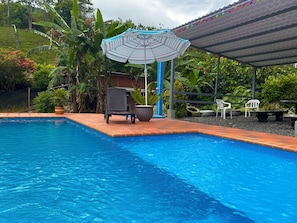 A swimming pool with a tiled edge, a striped umbrella, a chair, and potted plants. - Country house with private pool for 26 people, 45 minutes from Pereira. (Pereira)