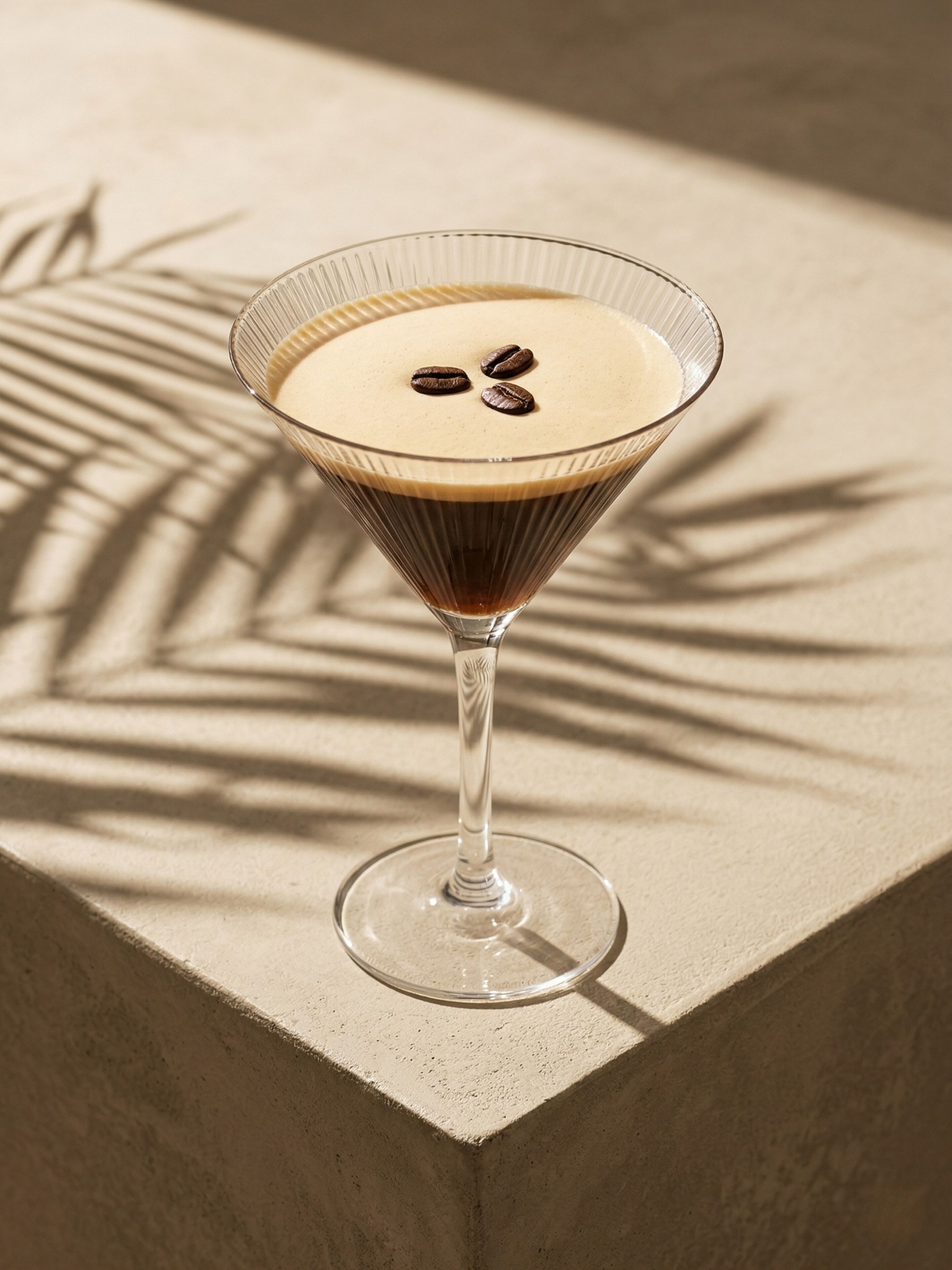 A martini glass with a layered drink and coffee beans on top, placed on a textured surface with a palm leaf shadow.