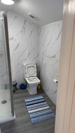 Douche, serviettes fournies, papier de toilette