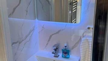 Shower, towels, toilet paper