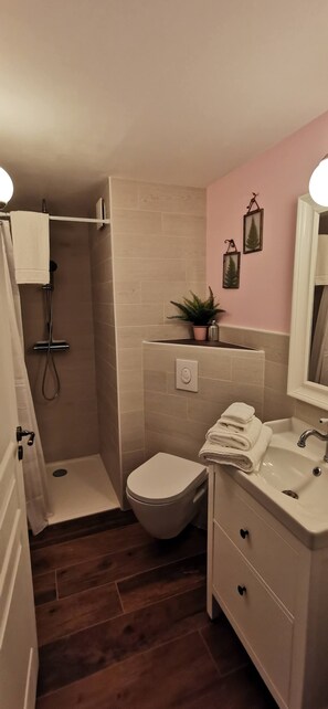 Ducha, secador de pelo, toallas y jabón