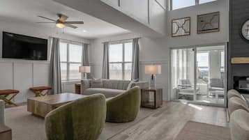 TV, fireplace, video games, table football