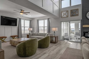 TV, fireplace, video games, table football