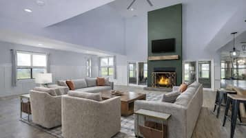 TV, fireplace, video games, foosball