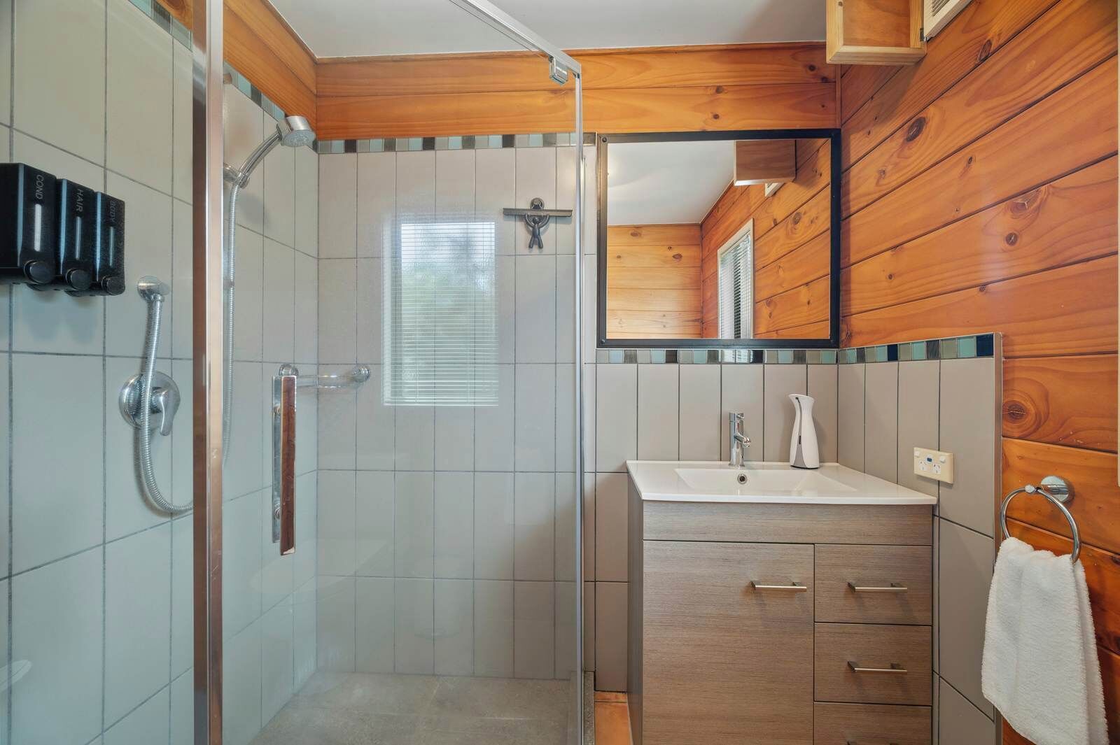 Une salle de bain avec une douche, un lavabo et un miroir.