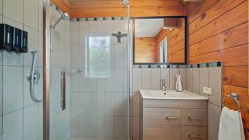 Une salle de bain avec une douche, un lavabo et un miroir.