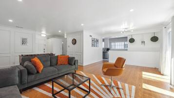 Smart TV, fireplace, foosball, books