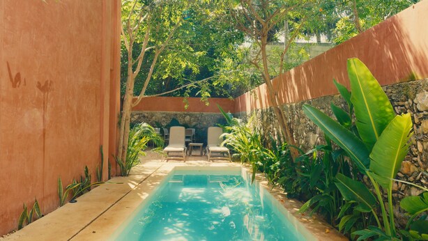 A swimming pool with two lounge chairs and a stone wall. - El Iguano, beautiful room with interior Garden (Mérida)