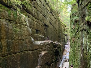 Eine schmale, felsige Schlucht mit einem hölzernen Weg.