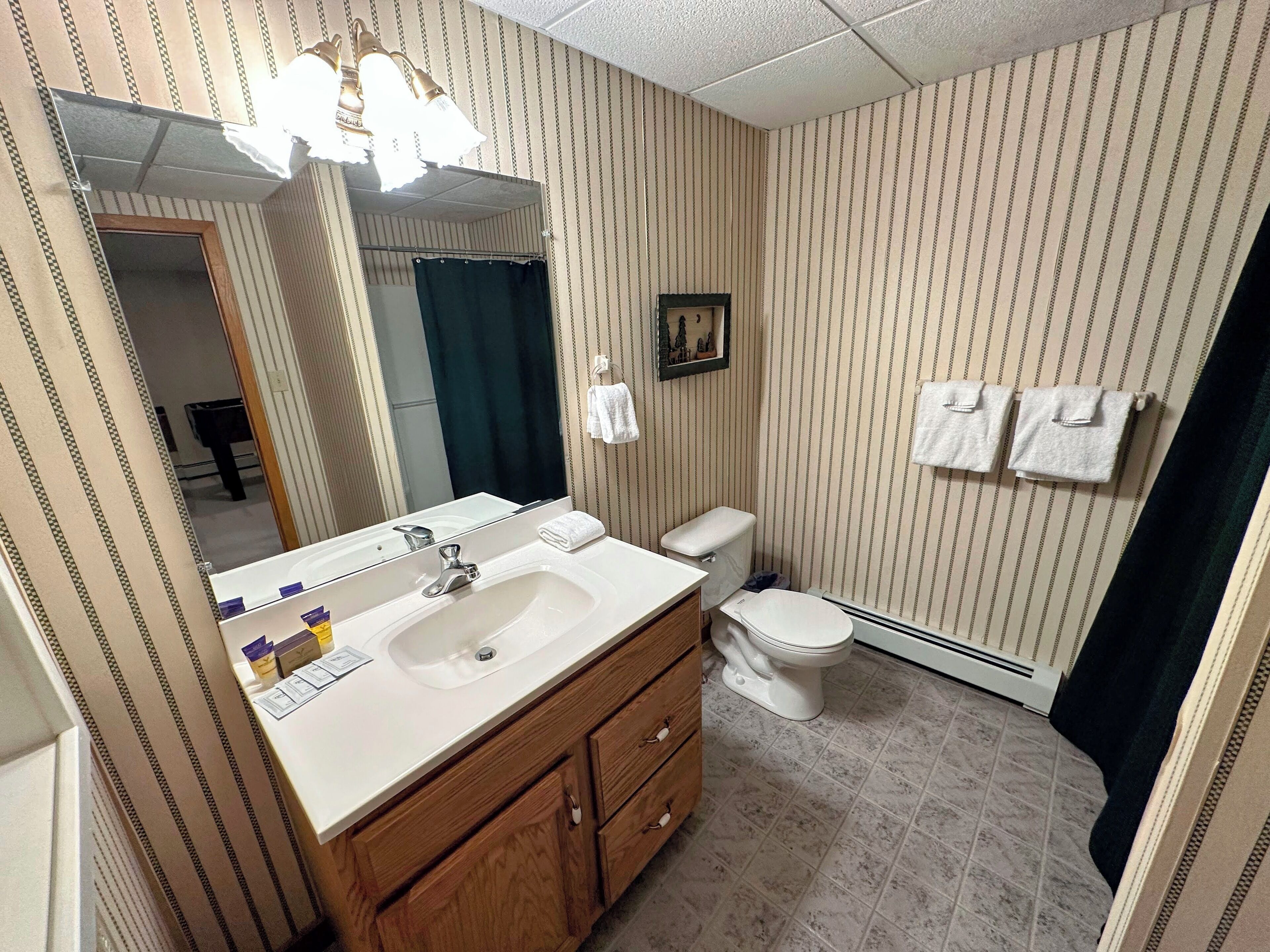 A bathroom with a white sink, wooden vanity, a toilet, and a shower curtain.