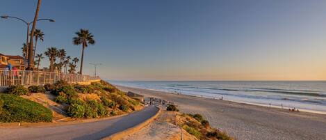 A coastal road leading to a beach with palm trees and a clear sky.
