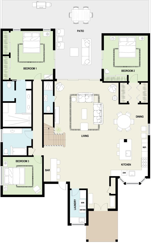 Grundriss eines Hauses mit drei Schlafzimmern, einem Wohnzimmer, Essbereich, Küche, Waschküche und einer Bar.