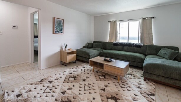 Un salon avec un canapé vert, une table basse en bois et un tapis à motifs.