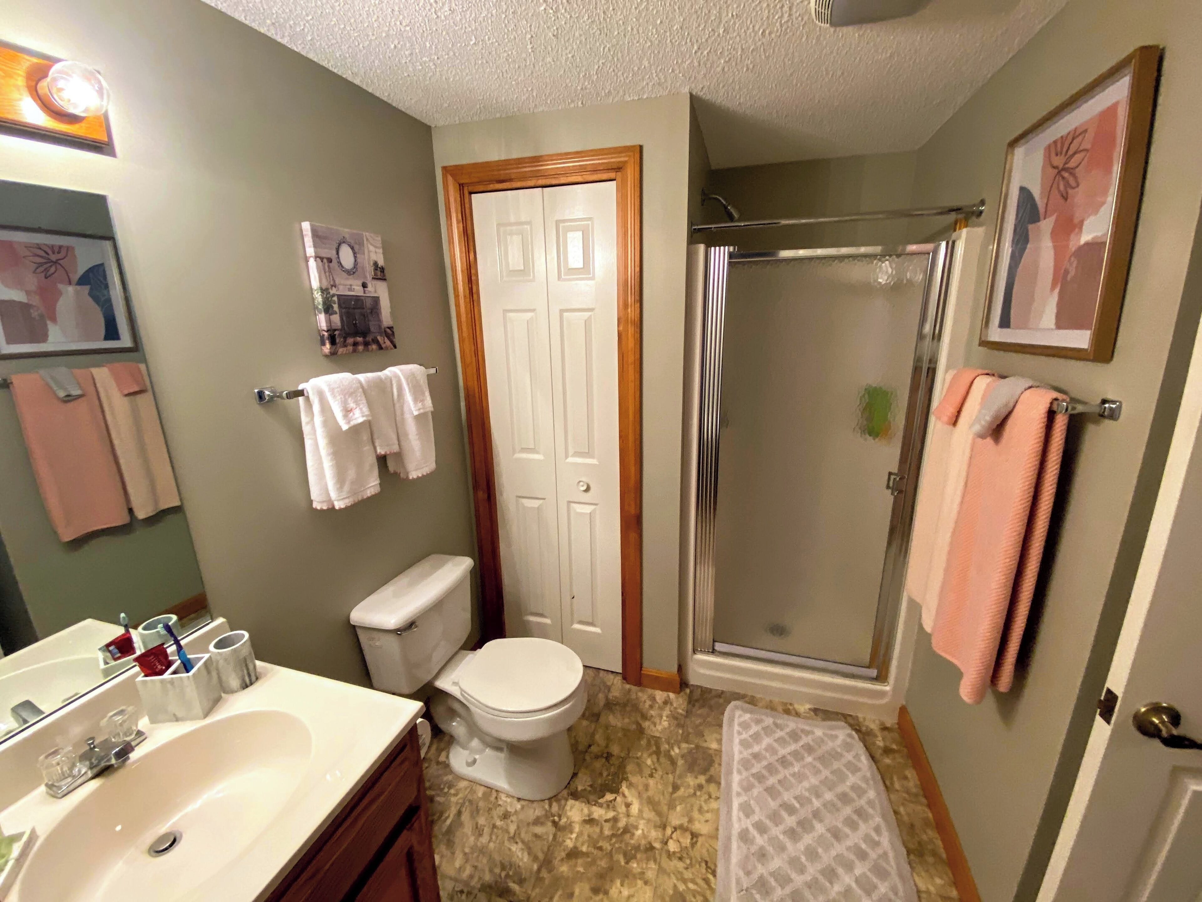 A bathroom with a sink, toilet, shower, and a door with a towel rack.