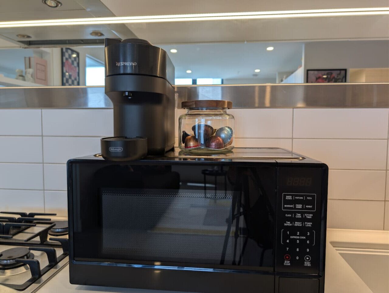 Coffee/tea maker, fridge, microwave, oven