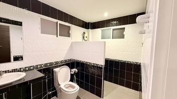 Shower, towels, toilet paper