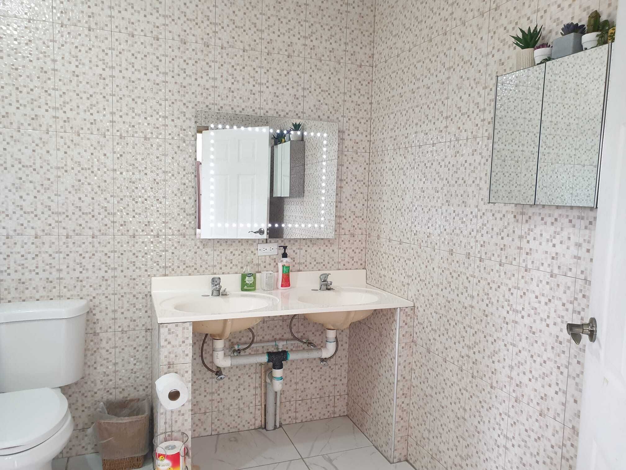 Een badkamer met twee wastafels, een toilet, een spiegel met verlichting en een kastje met planten.