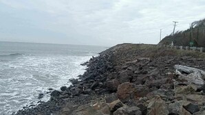 Una costa rocosa con olas rompiendo contra un rompeolas.