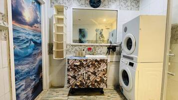 Douche, baignoire à jets, sèche-cheveux, serviettes fournies