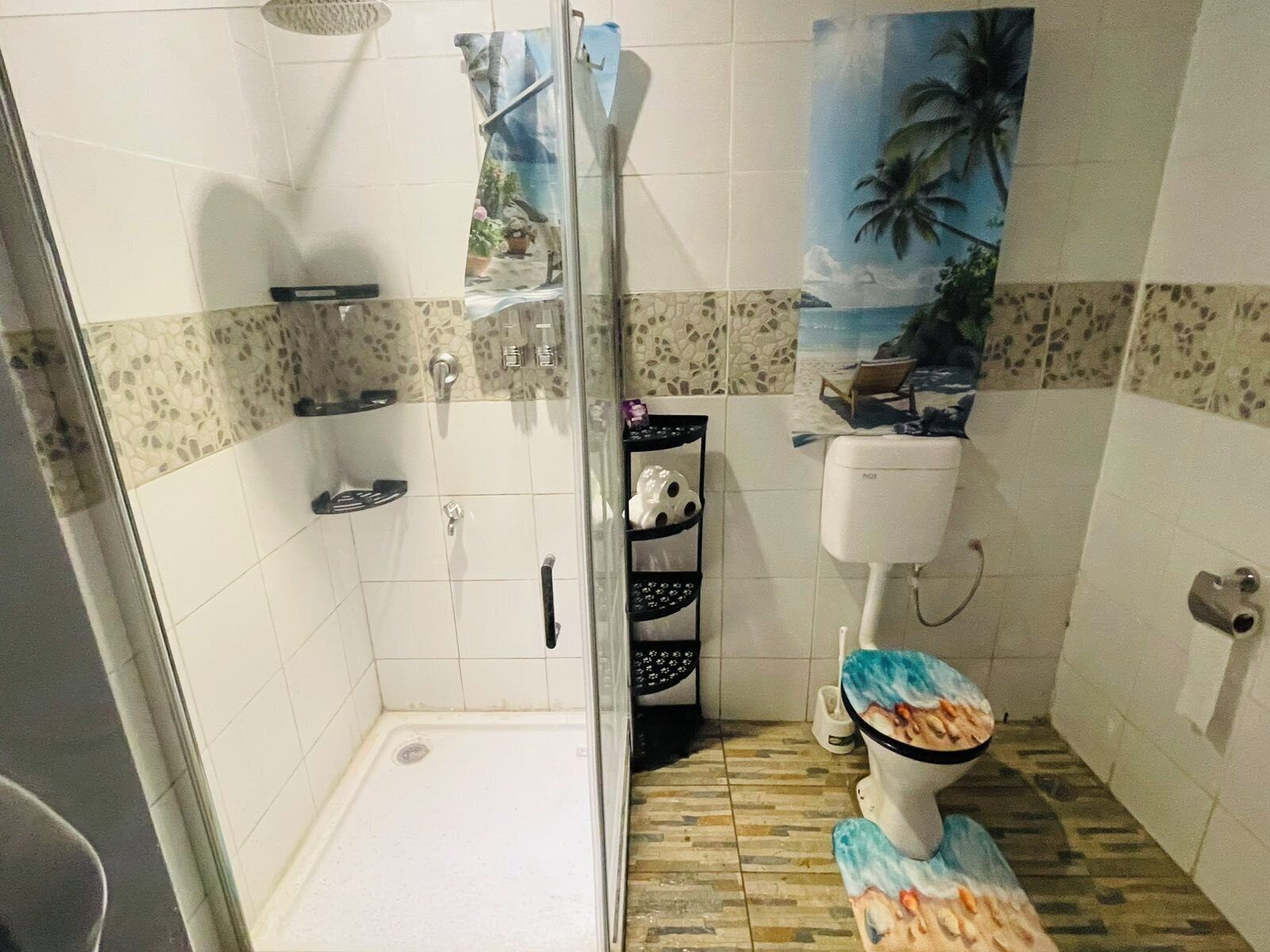Shower, jetted bath, hair dryer, towels