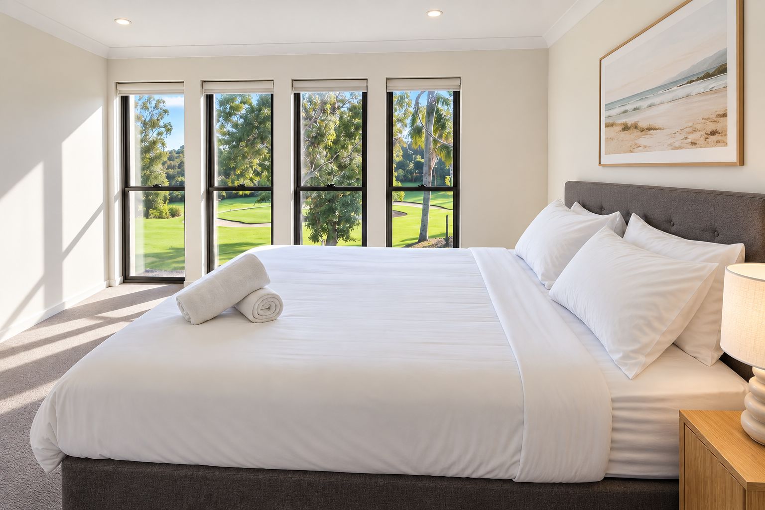 A large bed with white linens, a grey headboard, and a view of a green landscape through the windows.