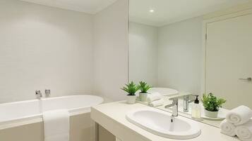 Hair dryer, towels, toilet paper