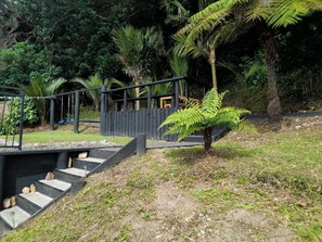 Un escalier menant à une terrasse en bois, avec une petite plante de fougère au premier plan.