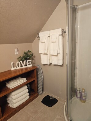 Shower, hair dryer, towels, soap