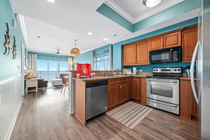 Fridge, microwave, oven, stovetop - Beachfront Corner Condo w/ Pools, Hot Tub & Balcony Views | BEACHBALL PROPERTIES (Gulf Shores)