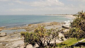 Escena de playa costera con cielos despejados, costa rocosa y algunas palmeras.