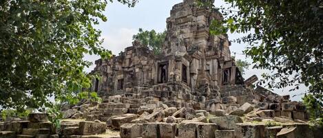 An ancient stone structure with multiple levels and a central tower, surrounded by overgrown vegetation.