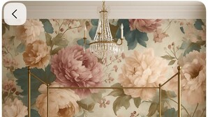 A bedroom with a floral wallpaper, a chandelier, a bed with a beige headboard, and bedside tables with lamps. - Beachside Retreat Paradise w Pool & Pickleball Court — 5 mins to downtown (Vancouver)