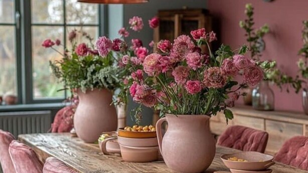 A dining table with pink chairs, surrounded by pink vases with flowers. - Beachside Retreat Paradise w Pool & Pickleball Court — 5 mins to downtown (Vancouver)