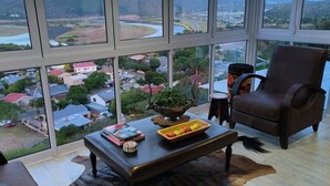 A spacious room with large windows offering a view of a town and hills. There is a leather armchair, a wooden coffee table with books and a plant, and a small side table.