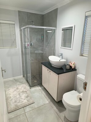 Dusche, Haartrockner, Handtücher, Seife