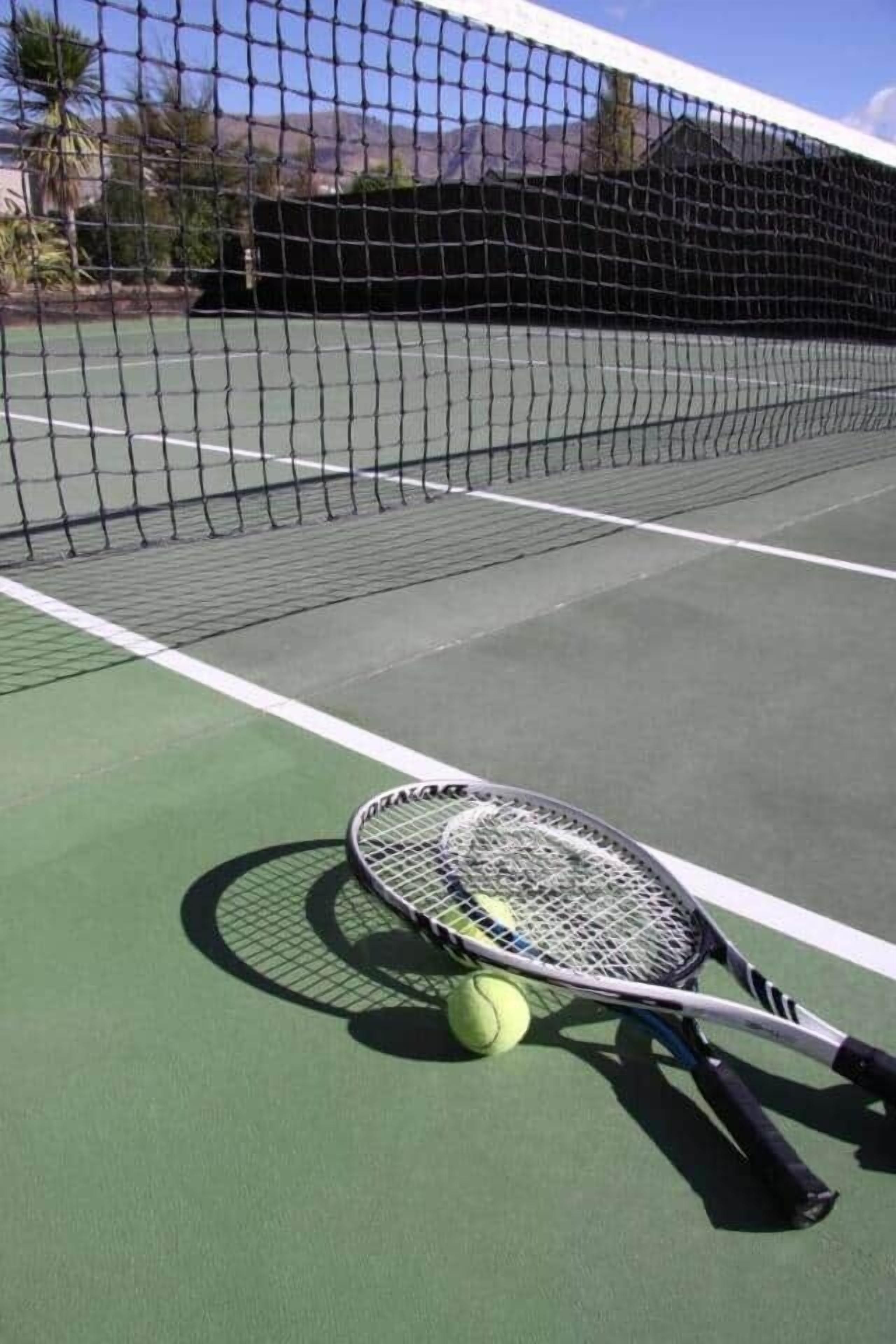 Ein Tennisplatz mit Netz, Schläger und Ball.