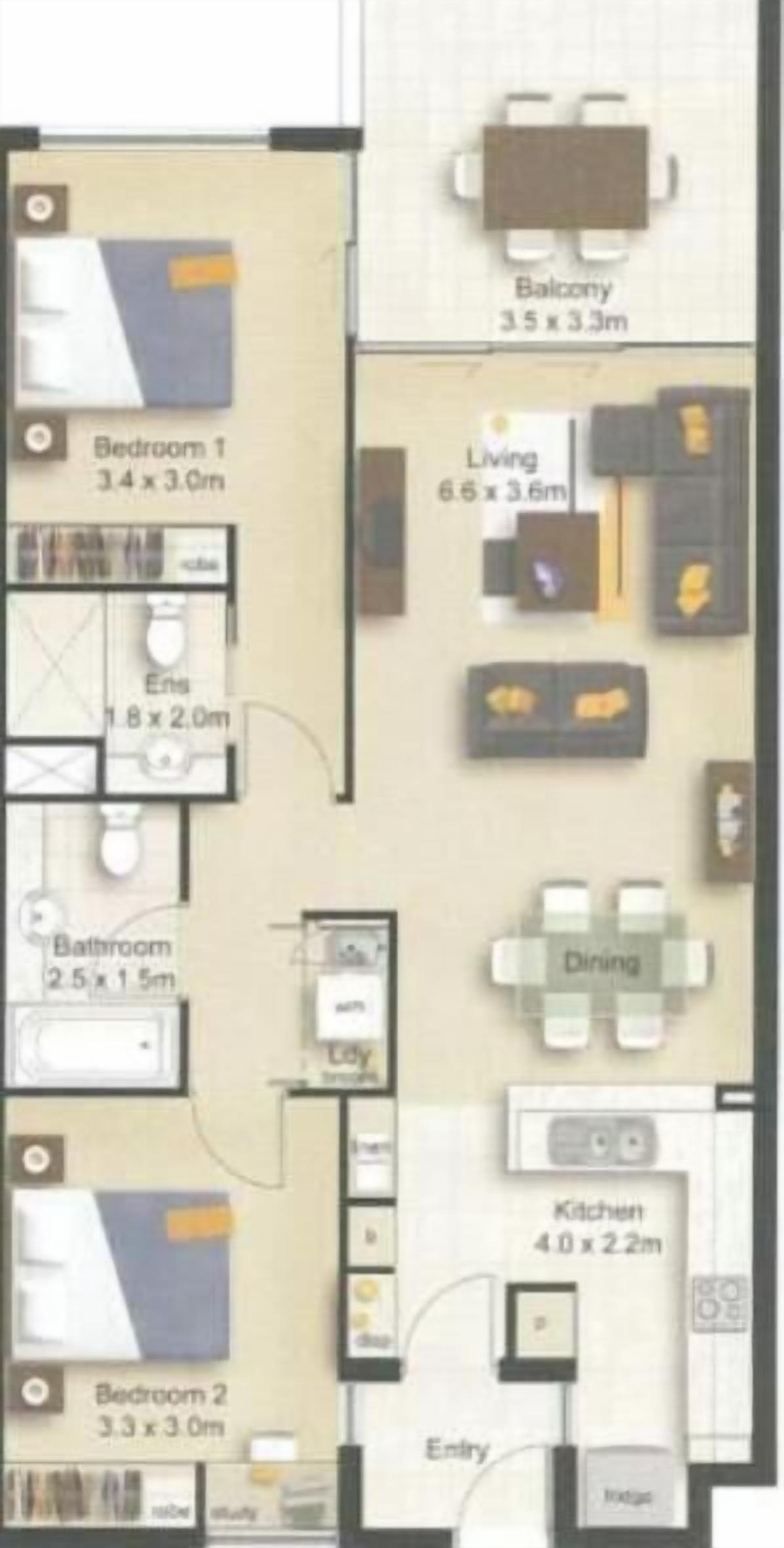 A floor plan of a hotel with two bedrooms, a balcony, a living room, a dining area, a kitchen, a bathroom, and an entryway.