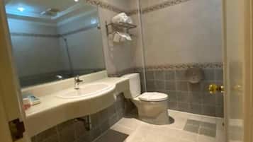 A bathroom with a curved sink, a toilet, and a mirror.