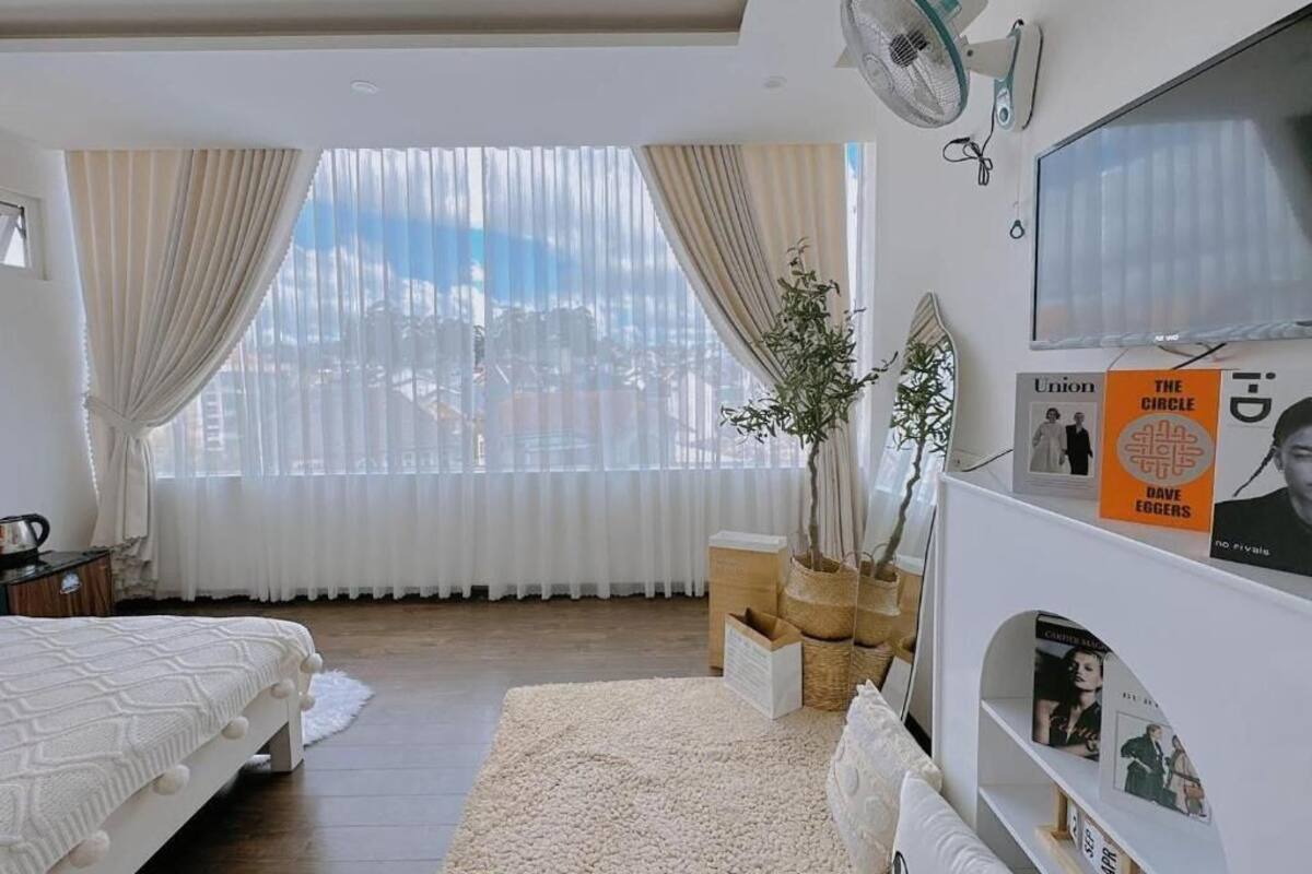 A bedroom with a bed, a large window with curtains, a fan, a TV, and a shelf with books and a plant.