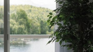 A room with a large sliding glass door leading to a lake view, a potted plant, and a white curtain. - Luxury family retreat on lakefront with breathtaking view, game room, gym &more! (Kawartha Lakes)