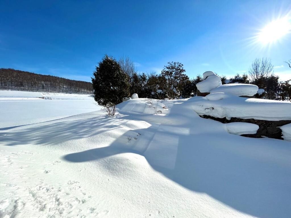 Paesaggio innevato con cielo sereno e una superficie d'acqua ghiacciata.