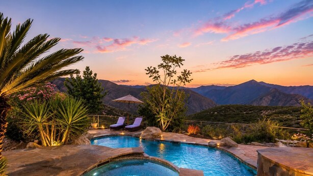 Una piscina con dos sillas de descanso y una sombrilla, rodeada de rocas y plantas, con montañas al fondo.